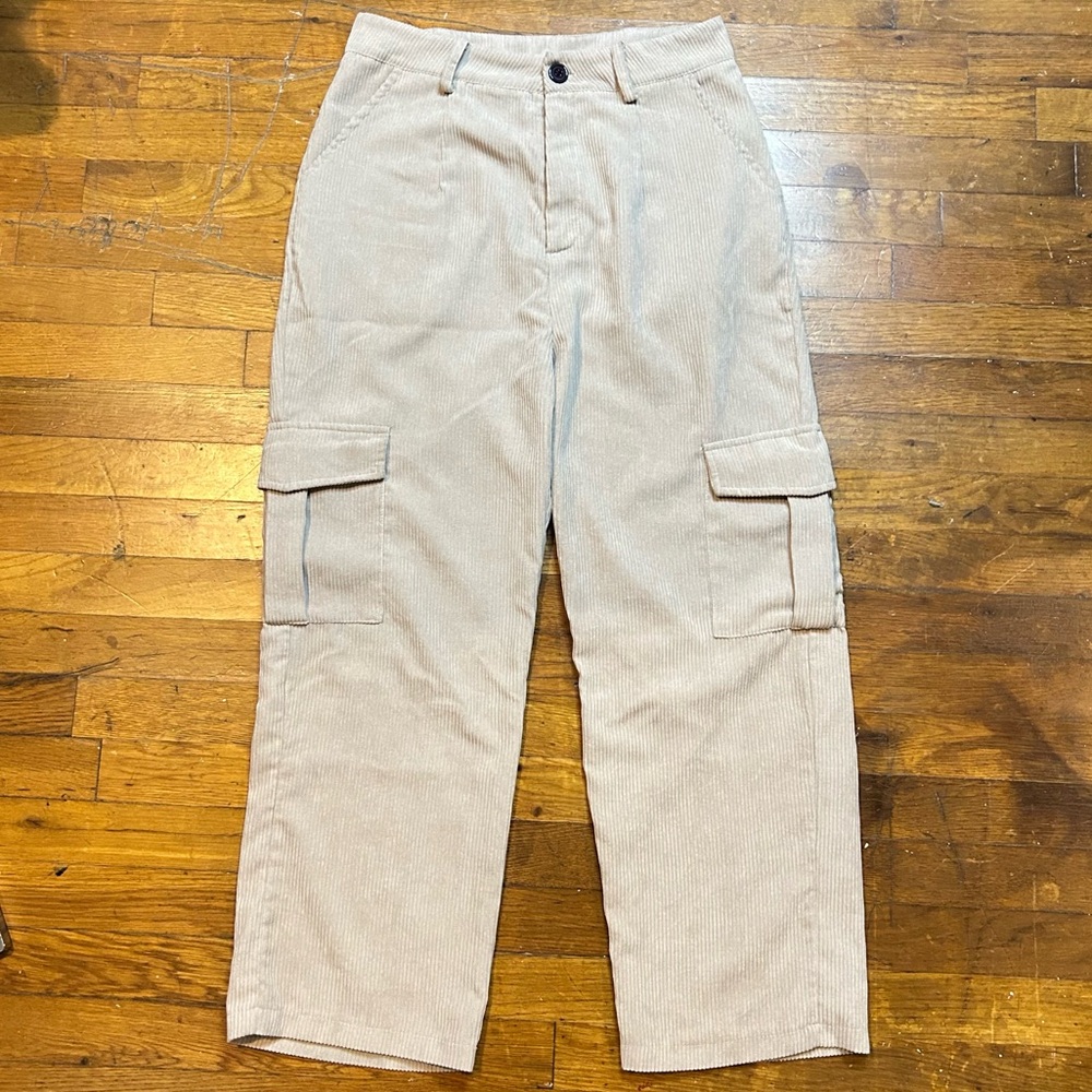 ROMWE Cream Wide Leg Corduroy Cargo Pants